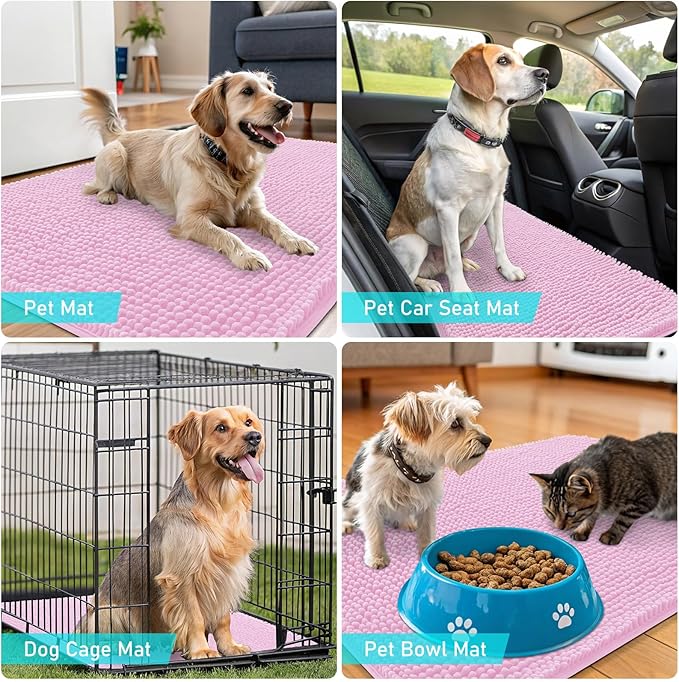 OLANLY Dog Door Mat for Muddy Paws 34x21, Absorbs Moisture and Dirt, Absorbent Non-Slip Washable Doormat, Quick Dry Chenille Mud Mat for Dogs, Entry Indoor Entryway Carpet for Inside Floor, Pink