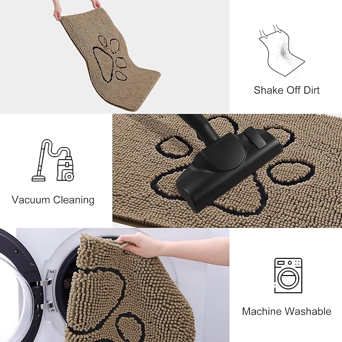 Smiry Dog Door Mat for Muddy Paws, Absorbent Dirt Trapper Non Slip Quick Dry Washable Chenille Mat for Mud Dogs, Entry Rug for Indoor and Outdoor (36x24 Inches, Camel and Black)