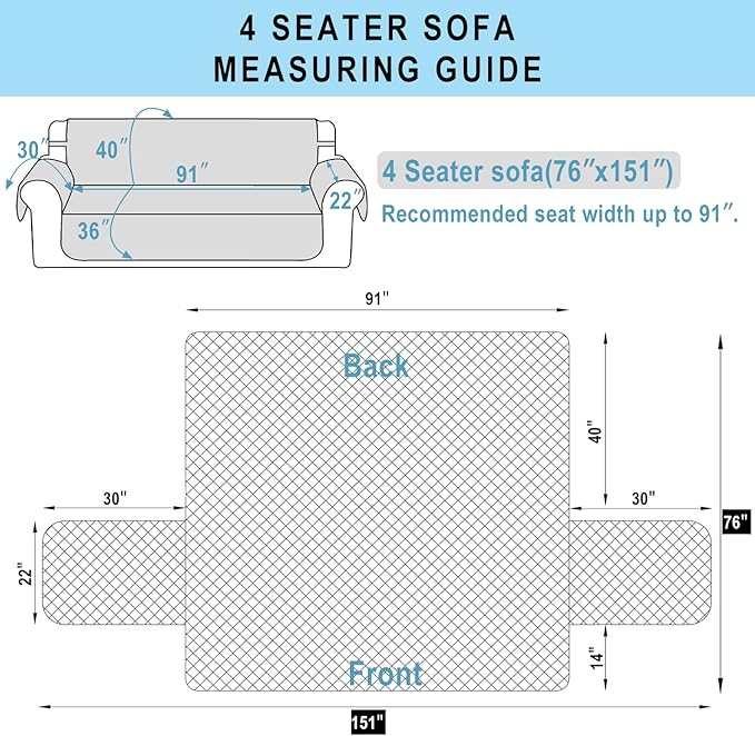 Reversible 4 Seater Sofa Cover 91 Inch Large Couch Cover Furniture Protector(Sofa XX-Large,Light Grey/Light Grey)