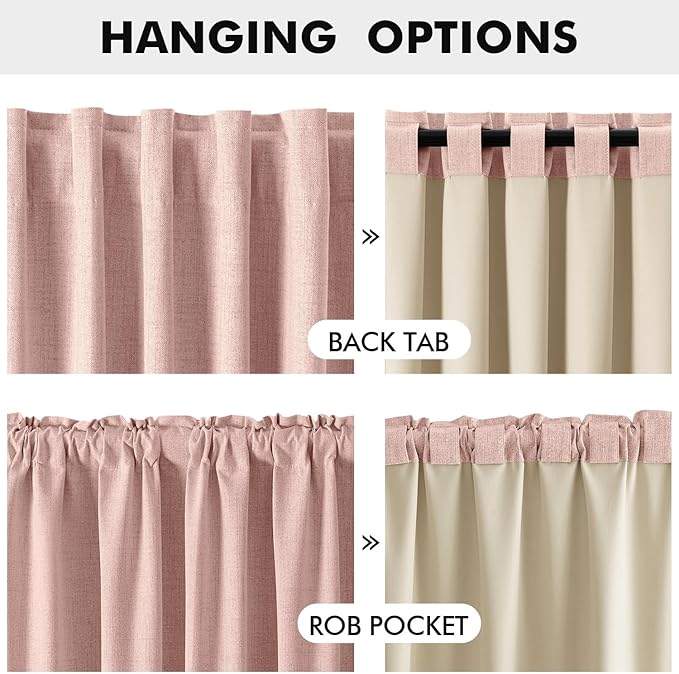 MIULEE 100% Blackout Linen Curtains for Bedroom, Blush Pink Solid Luxury Decor Thermal Insulation Room Darkening Drapes for Living Room Nursery Back Tab Rod Pocket 42 x 90 Inches, 2 Panels
