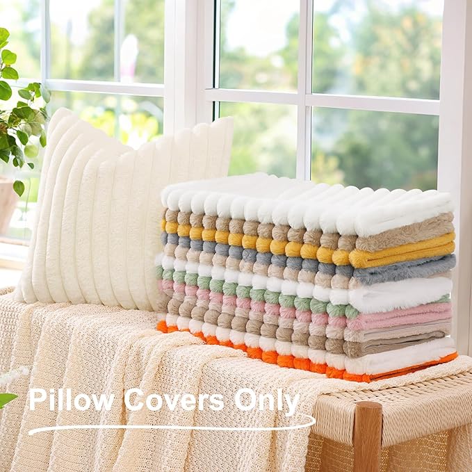 decorUhome Summer Cozy Faux Fur Throw Pillow Covers 12x20 Set of 2 Decorative Plush Striped Lumbar Modern Farmhouse Boho Couch Pillow Cases with Velvet Back for Sofa Bed Living Room, Mustard Yellow