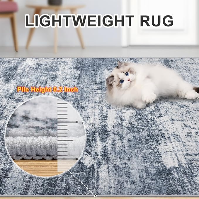 Area Rugs 10x12 Living Room - Washable Rug Modern Abstract Soft Large Neutral Non-Slip Carpet Indoor Floor Thin Carpets for Bedroom Dining Room Farmhouse Nursery Home Office Grey Blue