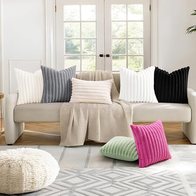 decorUhome Summer Cozy Faux Fur Throw Pillow Covers 24x24 Set of 2 Decorative Soft Plush Striped Modern Farmhouse Boho Couch Euro Sham Pillow Cases with Velvet Back for Sofa Bed Living Room, Hot Pink
