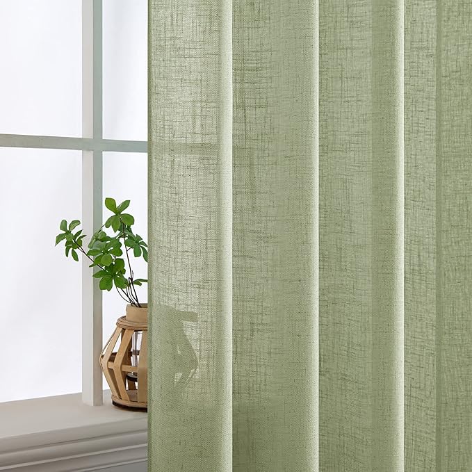 MIULEE Sage Green Linen Curtains 96 Inch Long for Bedroom Living Room, Soft Thick Linen Textured Window Drapes Semi Sheer Light Filtering Back Tab Rod Pocket Burlap Look Farmhouse Decor, 2 Panels