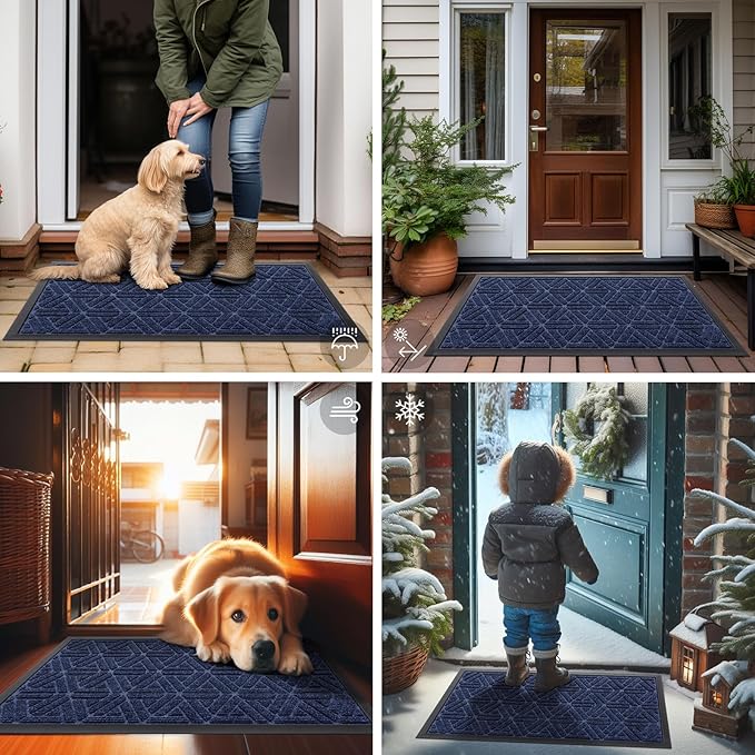 Smiry Front Door Mat Outside Entrance, Heavy Duty Sturdy Natural Rubber Doormat, Trap Dirt and Moisture, Easy Clean Low Profile Mats for Indoor Outdoor Entry, Grid Geometric (29.5x17, Navy Blue)
