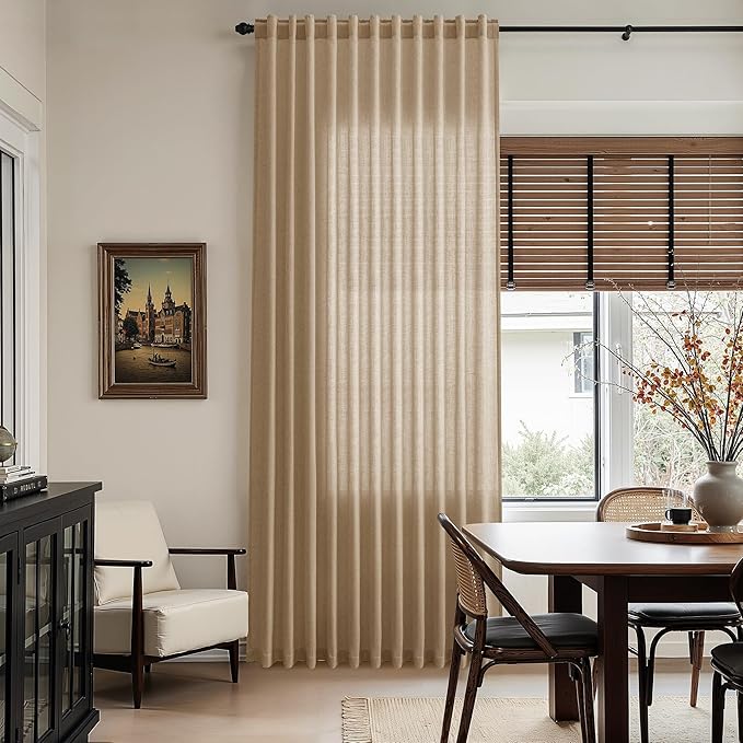 Sand Beige Linen Curtains 132 Inch Length for Living Room Simple Modern Light Filtering Semi Sheer Curtain Back Tab Rustic Home Decor Drapes Floor to Ceiling High Window for Bedroom 52x132, 2 Panels