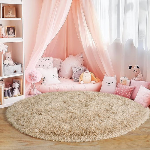 4'x4' Beige Round Rug for Bedroom, Ultra Soft Fluffy Circle Rug for Kids Girls Boys Room, Cute Shag Rugs for Living Room Playroom Tent Castle Home Decor Rug