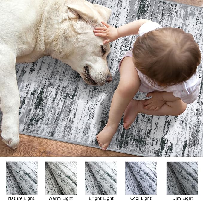 Lansny Modern Abstract Runner 2x5, Black Grey White Washable Kitchen Entryway Rug Mat Non-Slip Soft Hallway Rug Runner Thin Print Faux Wool Carpet for Bedroom Laundry Room Indoor Home Decor