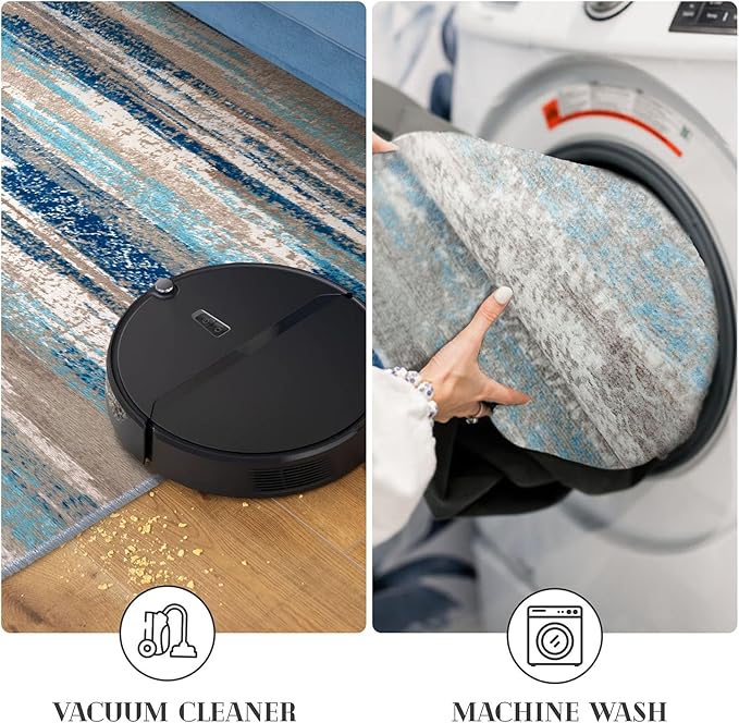 Lansny Modern Abstract Kitchen Rug Set of 2, 2x3 and 2x5 Blue Washable Rug Runner Non Slip Kitchen Mat, Soft Faux Wool Throw Carpet for Entryway, Hallway, Bedroom, Bedside, Laundry Room, Office