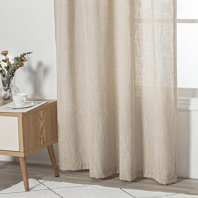MYSKY HOME Curtains for Kitchen Windows, Sheer Curtains 63 Inch Length for Girls Bedroom Boho Linen Look Textured Fabric Soft Touch Light Filtering, 50" Wide, Light Oatmeal, Set of 2