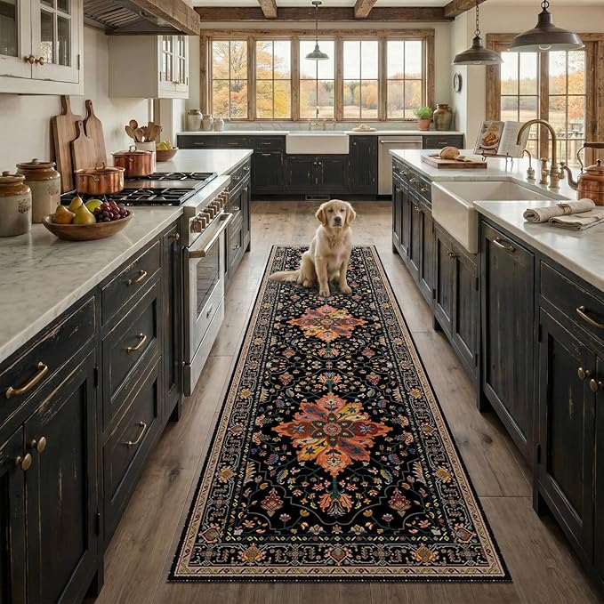 Area Rugs 2'x8' Runner Rug Non Slip Washable for Kitchen Hallway Bedroom Beside Laundry Room Bathroom Rug, Floor Carpet, Black Colorful Floral Dark Tan