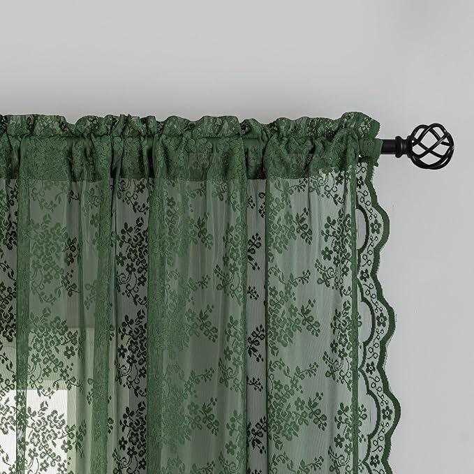 YJ YANJUN Vintage Lace Curtains 72 Inches Long-Victorian Floral Pattern Dark Olive Green Sheer Curtain Panels for Living Room Bathroom Spring Embroidered Drapes Light Filtering 2 Panels 52W x 72L