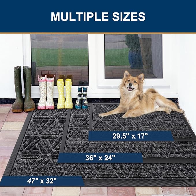 Smiry Front Door Mat Outside Entrance, Heavy Duty Sturdy Natural Rubber Doormat, Trap Dirt and Moisture, Easy Clean Low Profile Mats for Indoor Outdoor Entry, Grid Geometric (59x34, Grey)