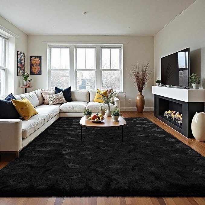 LOCHAS Ultra Soft Indoor Modern Area Rugs Fluffy Living Room Carpets for Children Bedroom Home Decor Nursery Rug 4x5.3 Feet,Black