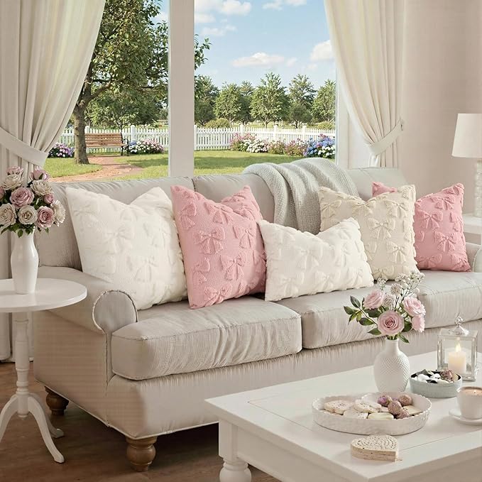 decorUhome Beige Bow Pillow Covers Set of 2 Coquette Aesthetic Cute Preppy Plush Faux Pillowcases for Girly Bedroom or Couch 12x20 Inch