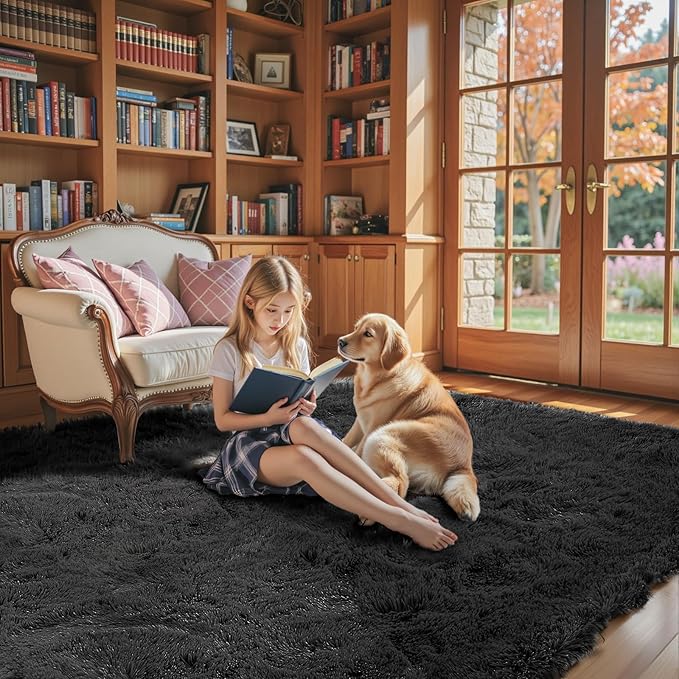 Black Rug Super Soft Shaggy 4x6 Feet Rugs for Bedroom, Fluffy Area Rug for Living Room Floor Rug, Fuzzy and Comfy Carpet Nursery Shag Rug for Kids Boys Room Decor(4 x 6, Black)
