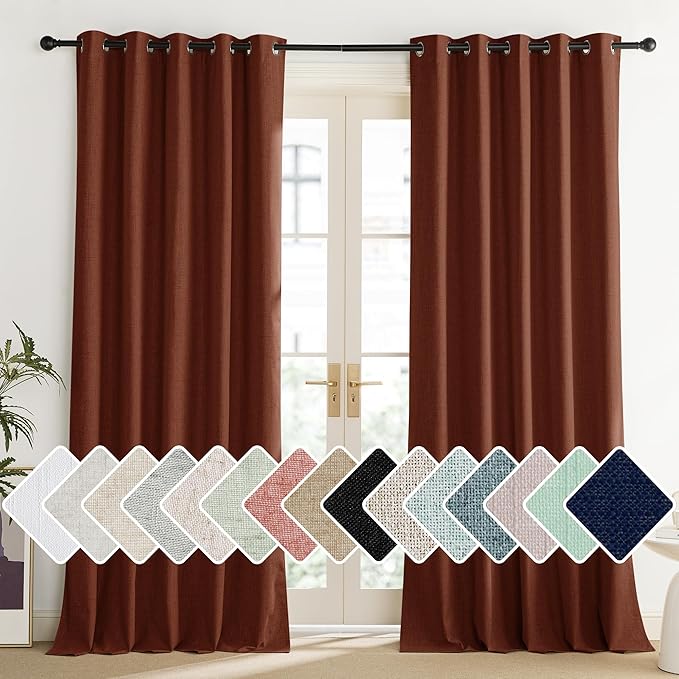 NICETOWN 100% Absolutely Blackout Linen Curtains with Thermal Insulated Liner, 62" Wide, 2 Panels, 108" Long Drapes, Grommet Retro Burnt Orange Linen Curtains Vertical Drapes Privacy for Bedroom