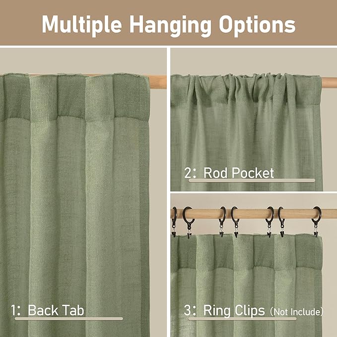LAMIT Sage Green Linen Curtains 90 Inch for Living Room, Back Tab and Rod Pocket Linen Textured Curtains Light Filtering Drapes for Bedroom/Dining Room, Set of 2, 52 x 90 Inch