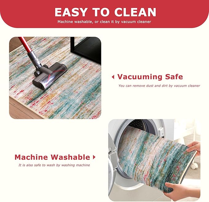 KOZYFLY Modern Abstract Kitchen Runner Rug, 2x6 Washable Rug Runner Non-Slip Soft Hallway Runner Rugs, Green Print Carpet Runner for Entryway Bathroom Laundry Room Foyer