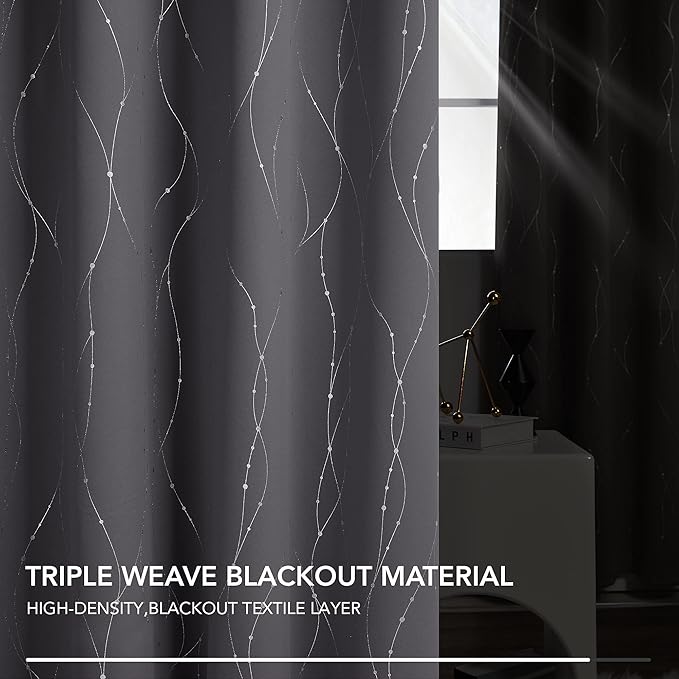 Deconovo Gray Curtains for Living Room, Blackout Drapes, Protect Pravicy Thermal Insulated Soundproof Window Drape, Wave Dots Foil Print, 38 x 90 Inch, Set of 2 Panels for Bedroom Apartment Nursery