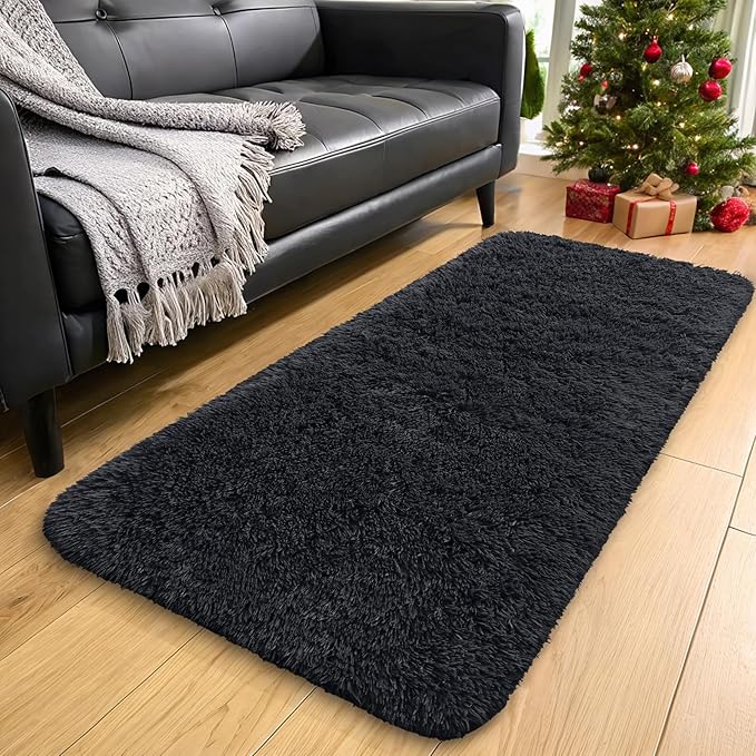 OLANLY 2x12 Machine Washable Runner Rugs for Hallway, Soft Fluffy Shaggy Bedside Rugs for Bedroom, Living Room, Indoor Floor Carpet for Kids Girls and Boys, Nursery Rooms, Home Decor Aesthetic, Black