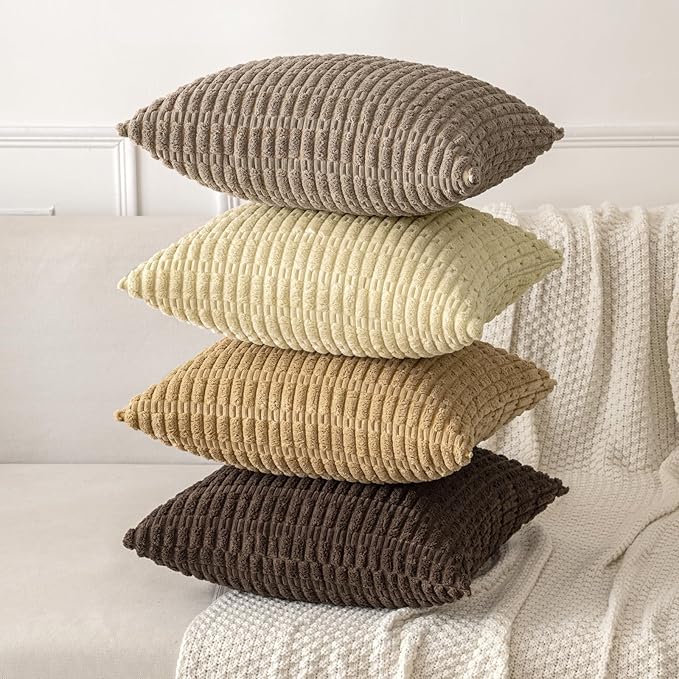 MIULEE Pack of 2 Corduroy Decorative Euro Sham Throw Pillow Covers 24x24 Inch Soft Boho Striped Pillow Covers Modern Farmhouse Home Decor for Sofa Living Room Couch Bed Dark Brown