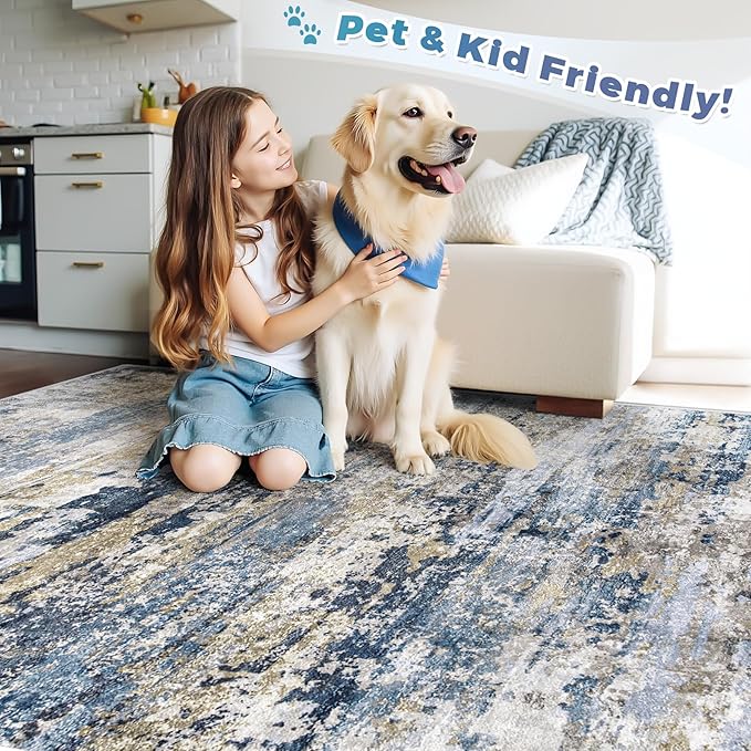 pmtsns Area Rugs 8x10 for Living Room: Washable Rug Modern Abstract Neutral Soft Non-Slip Low-Pile Indoor Large Carpet for Bedroom Dining Room Playroom Home Office (Blue Grey Brown, 8'x10')