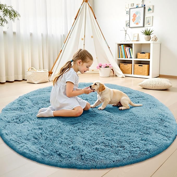 OLANLY Slate Blue Round Rugs for Bedroom - Machine Washable, 9 ft Circle Area Rugs for Living Room, Soft and Fluffy Shaggy Carpet for Teen Girl and Boys, Nursery Rooms, Dorms, Home Decor Aesthetic