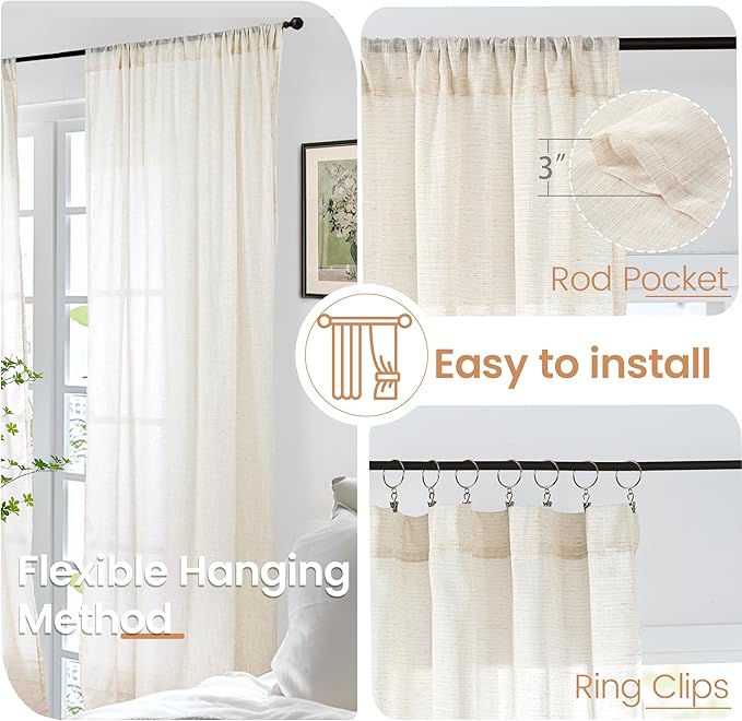 BGment 72 Inch Length Beige Linen Curtains for Living Room - Natural Semi Sheer Drapes with Rod Pocket Textured Rustic for Bedroom Country Light Filtering, 2 Panels, Each Panel 52 Inch Wide