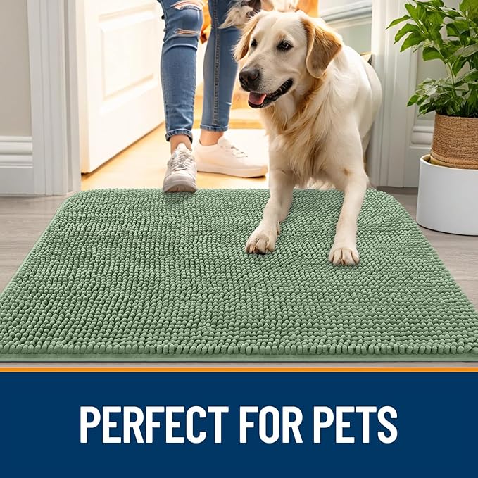 OLANLY Dog Door Mat for Muddy Paws 44x24, Absorbs Moisture and Dirt, Absorbent Non-Slip Washable Doormat, Quick Dry Chenille Mud Mat, Entry Indoor Entryway Carpet for Inside Floor, Olive Green