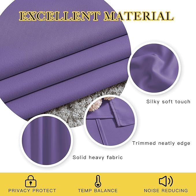 NICETOWN Blackout 72 inch Curtains for Kids Room, Grommet Room Darkening Thermal Insulated Solid Window Treatments Sound Reducing for Bedroom, 2 Panels, W37 x L72, Lilac Purple