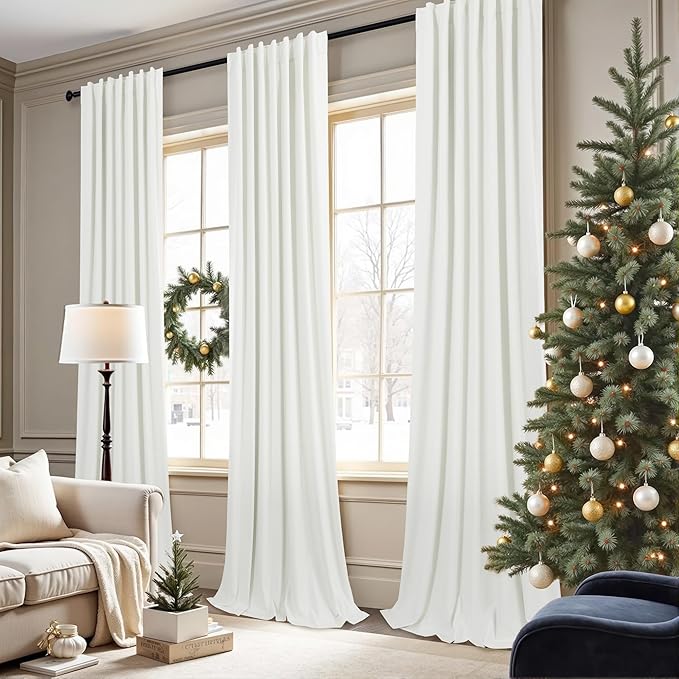 Pitalk Bedroom Blackout Curtains 63 Inches Long 2 Panel Thermal Curtain for Summer Heat Dining Living Room Darkening Back Tab Short Drapes for 62 Inch Window Length Boho Linen Textured Ivory Off White