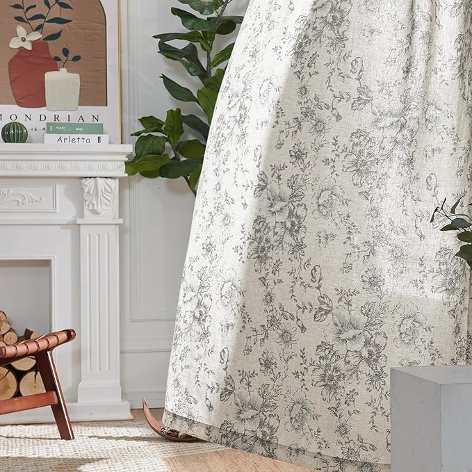 jinchan Linen Blend Curtain Floral Curtains for Living Room 90 Inch Length Grey Printed Curtain Rod Pocket Back Tab Farmhouse Peony Flower Patterned Drapes Bedroom Window Curtains Set 2 Panels