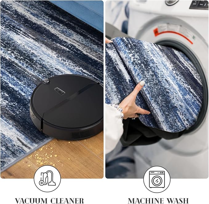 Lansny Modern Abstract Entryway Rug Indoor 2x3 Washable Rug Non-Slip Soft Small Area Rug Navy Blue Kitchen Mats Thin Print Faux Wool Floor Carpet Throw Rugs for Entrance Bedroom
