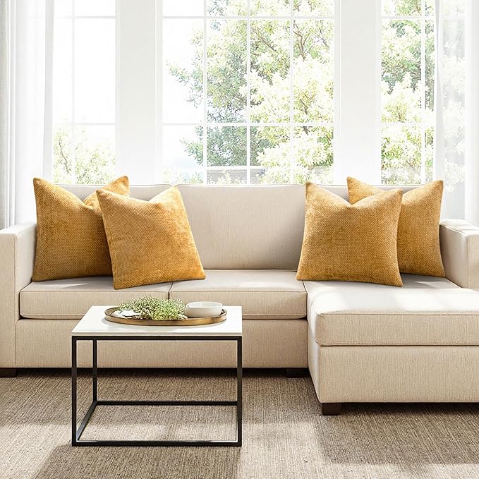 MIULEE Pack of 4 Couch Throw Pillow Covers 18x18 Inch Gold Soft Decorative Chenille Pillow Covers Farmhouse Accent Cushion Covers for Boho Spring Home Decor Sofa Bedroom Living Room