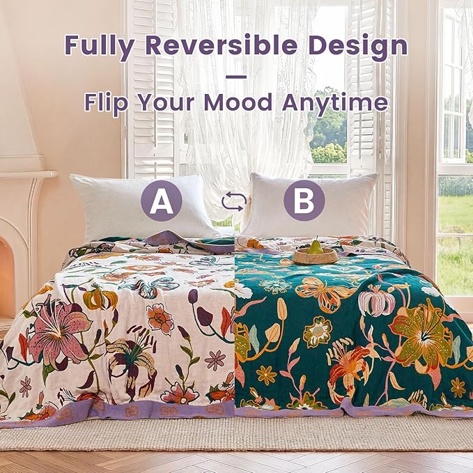 MSGKV Boho Throw Blanket 90"x108" Floral Blanket for Bed 100% Cotton Spring Breathable Lightweight Farmhouse King Blankets All Seasons Home Decor Muslin