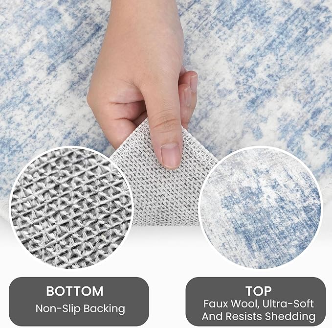 IOHOUZE Abstract Runner Rug 2x6 Ft Washable Runners for Hallways, Non Slip Kitchen Runner Printed Faux Wool Entryway Runner Indoor, Modern Abstract Floor Carpet for Hall Bedroom, Light Blue Grey