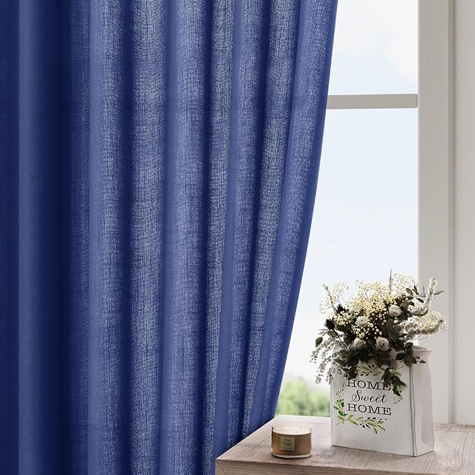 Nanspring Classic Blue Linen Curtains 102 Inches Long Rod Pocket Back Tab Drapes 2 Panels Set for Living Room Bedroom Light Filtering Semi Sheer Classic Blue Curtain 102 Length for Patio Door 52x102