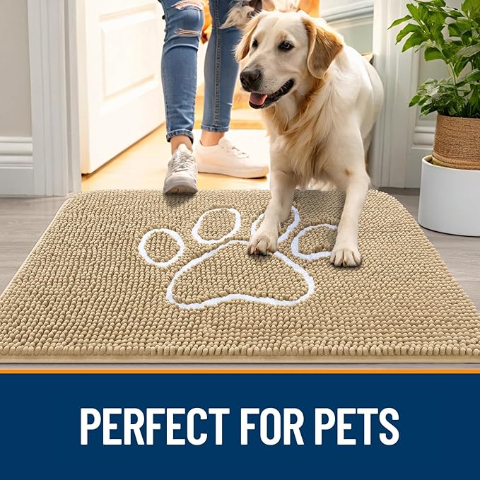 OLANLY Dog Door Mat for Muddy Paws 48x30, Paw Print Design, Absorbs Moisture and Dirt, Absorbent Non-Slip Washable Doormat, Quick Dry Chenille Mud Mat for Dogs, Entry Indoor Entryway Carpet, Beige