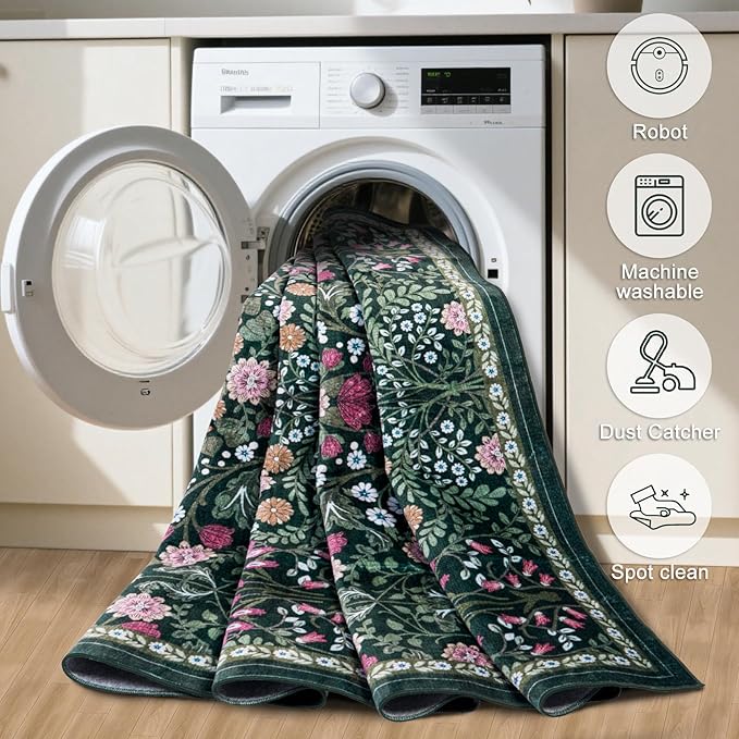 10x12 Area Rugs for Living Room: Floral Washable Rug Vintage Large Soft Boho Non-Slip Carpet Stain Resistant Low Pile Carpets for Bedroom Dining Room Farmhouse Nursery Hallway Home Office Dark Green