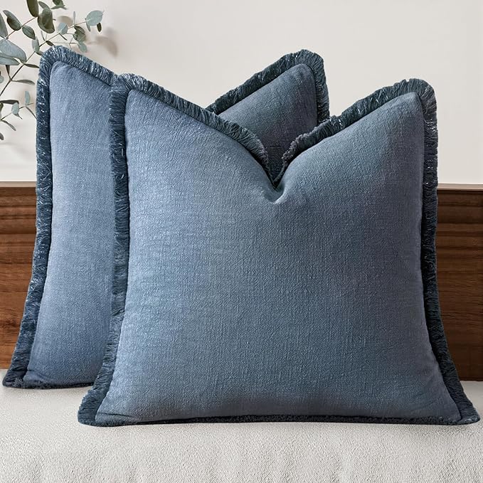 MIULEE Decorative Throw Pillow Covers Neutral Linen Fringe Throw Pillows Set of 2 Blue Ashes Boho Farmhouse Cushion Covers with Tassels for Couch Sofa Bed Spring Home Decor 20x20 Inch