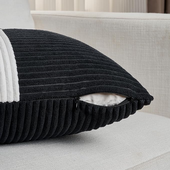 Fancy Homi Set of 2 Black White Decorative Throw Pillow Covers 18x18 Inch with for Couch Bed Sofa Living Room, Soft Cross Patchwork Striped Corduroy Modern Square Cushion Case 45x45 cm