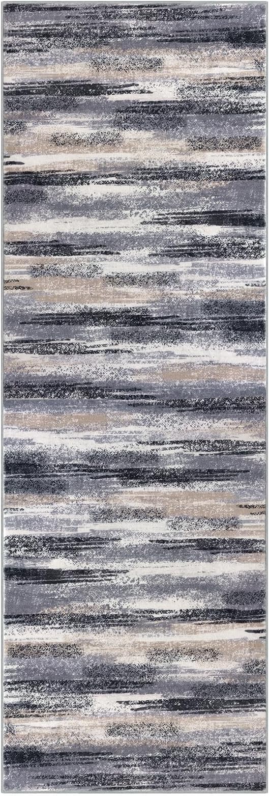 Lansny Modern Abstract Runner Rug 2x6, Grey Black Multi Washable Kitchen Runner Non-Slip Soft Hallway Rug Runner Thin Print Faux Wool Carpet for Entryway Bedroom Laundry Room Indoor