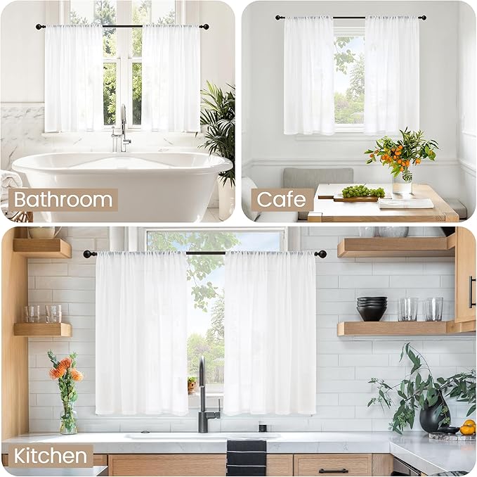 BGment White Linen Semi Sheer Curtains 36 Inch Length for Kitchen Cafe Window - Small Drapes Light Filtering with Rod Pocket Lightweight for Cafe Bathroom, 2 Panels Set, 30 X 36 Inch