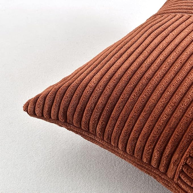 Fancy Homi 2 Packs Rust Long Lumbar Decorative Throw Pillow Covers 16x24 Inch for Couch Bed Sofa, Farmhouse Boho Home Decor, Soft Striped Corduroy Rectangle Accent Terracotta Cushion Case 40x60 cm