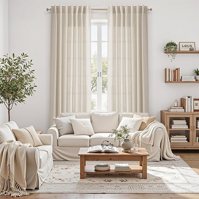 Boho Linen Curtains for Living Room 94 Inches Long Light Filtering Semi Sheer Curtain Back Tab Boho Eclectic Home Decor Elegant Luxury Farmhouse Drapes for Bedroom Dinner Room 52x94, 2 Panels
