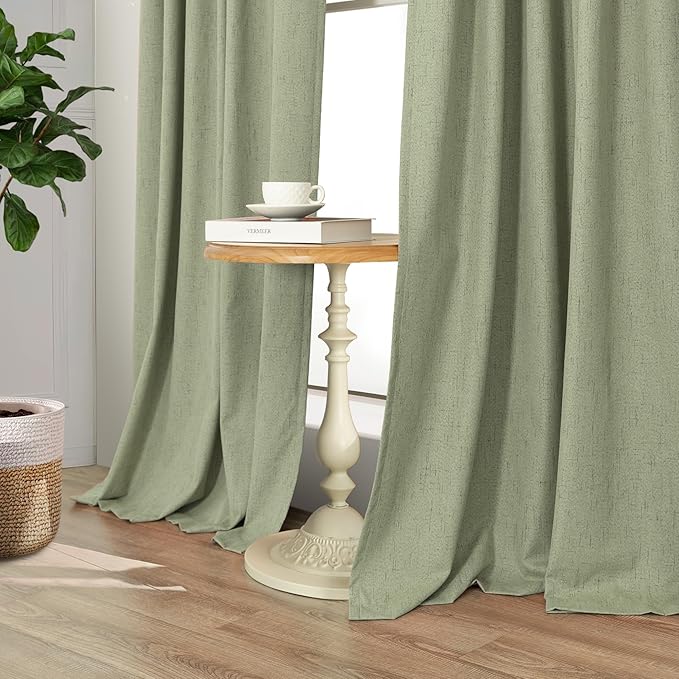 Light Sage Green Back Tab Blackout Curtains for Boys Room Girls 72 Inch Length 2 Panel Cotton Linen Look Window Treatments Thick Soundproof Curtains for Doors Living Room Darkening Drapes Cottagecore