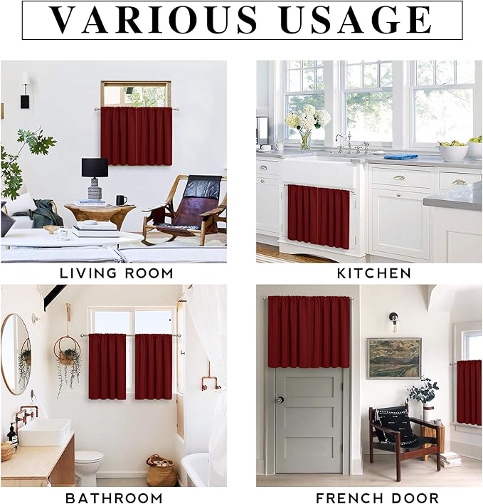 RYB HOME Blackout Cafe Curtains 30 inch Length, Short Light UV Heat Blocking Energy Saving Privacy Curtain Tiers for Basement Bathroom Kitchen Window, Width 29 by Length 30, Burgundy Red, 2 Panels