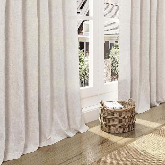 Nanspring Pearl White Linen Curtains 102 Inches Long for Living Room Light Filtering Semi Sheer Curtain Back Tab Coastal Decor Floor to Ceiling Modern Drapes for Bedroom Office 52x102, 2 Panels