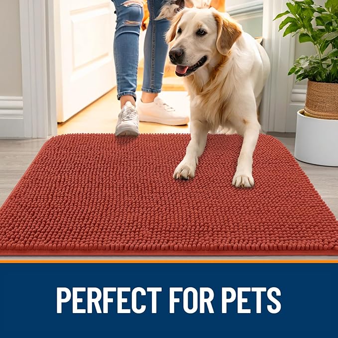 OLANLY Dog Door Mat for Muddy Paws 47x32, Absorbs Moisture and Dirt, Absorbent Non-Slip Washable Doormat, Quick Dry Chenille Mud Mat for Dogs, Entry Indoor Entryway Carpet for Inside Floor, Maple Red